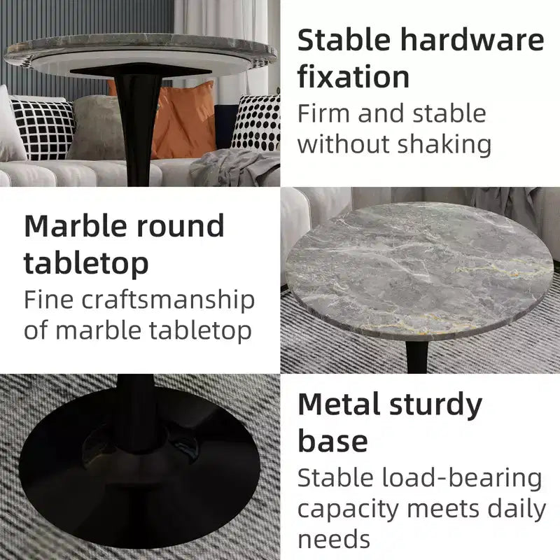 27.6" Black Round Coffee Table, Mid-Century Modern with Dark Gray Marble-Effect Top