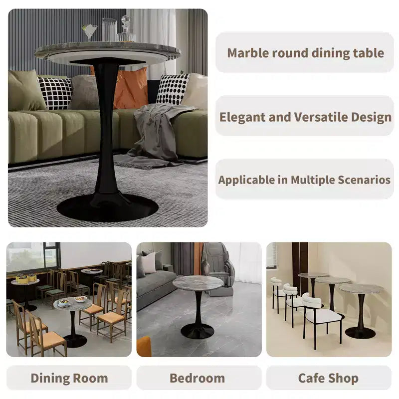 27.6" Black Round Coffee Table, Mid-Century Modern with Dark Gray Marble-Effect Top