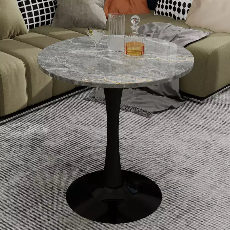 27.6" Black Round Coffee Table, Mid-Century Modern with Dark Gray Marble-Effect Top