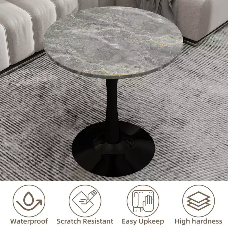 27.6" Black Round Coffee Table, Mid-Century Modern with Dark Gray Marble-Effect Top
