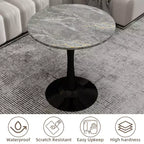 27.6" Black Round Coffee Table, Mid-Century Modern with Dark Gray Marble-Effect Top