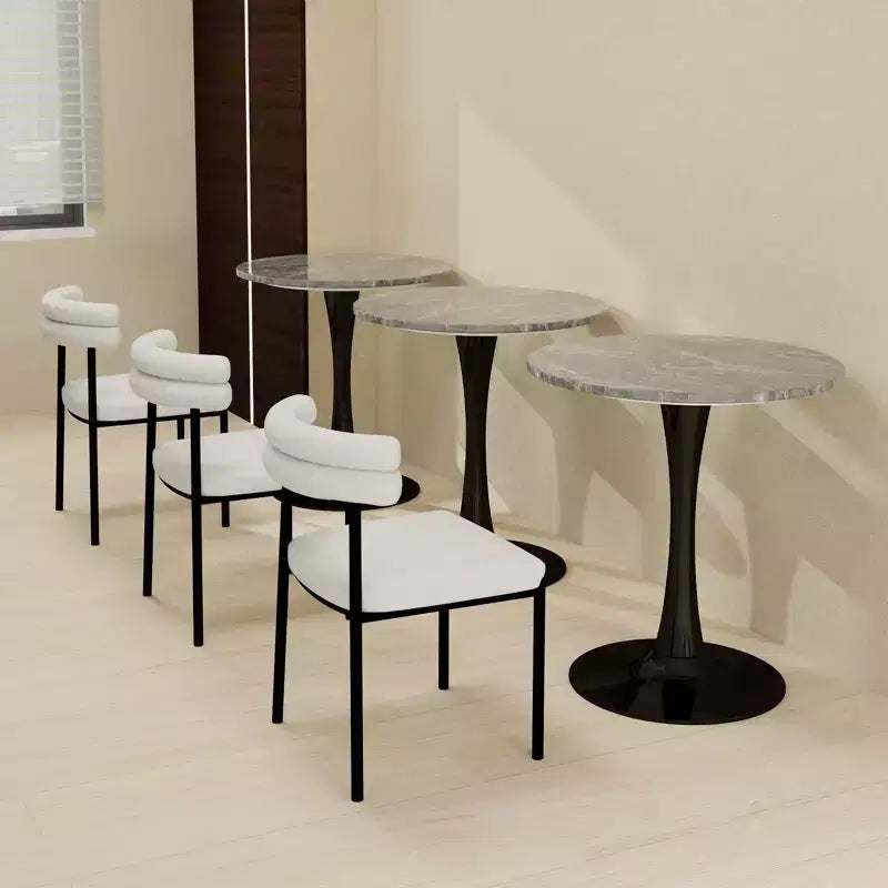 27.6" Black Round Coffee Table, Mid-Century Modern with Dark Gray Marble-Effect Top