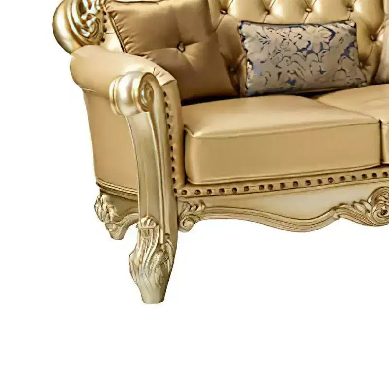 Bone Faux Leather Loveseat with Gold Patina Finish