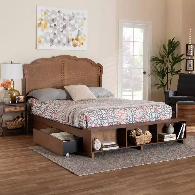 King Size Wood and Rattan Storage Bed - Walnut Brown