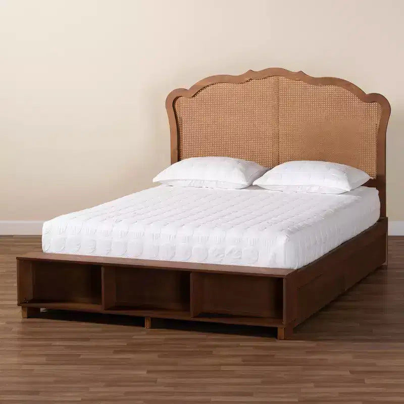 King Size Wood and Rattan Storage Bed - Walnut Brown