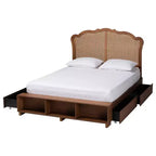 King Size Wood and Rattan Storage Bed - Walnut Brown