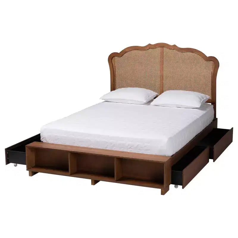 King Size Wood and Rattan Storage Bed - Walnut Brown
