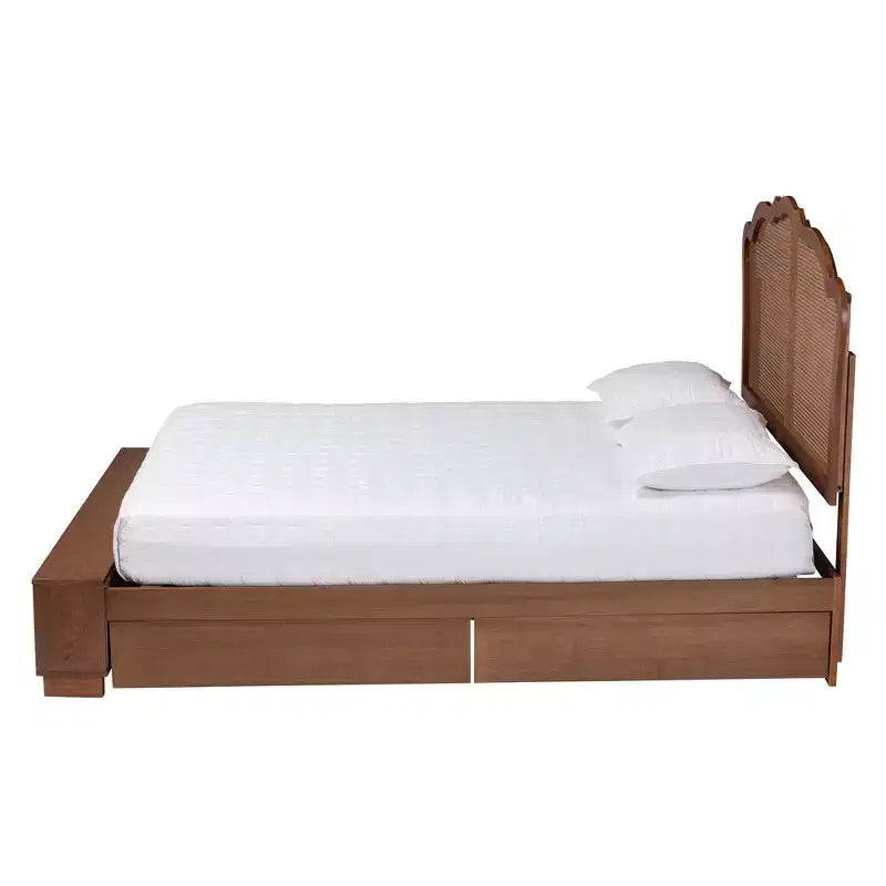 King Size Wood and Rattan Storage Bed - Walnut Brown