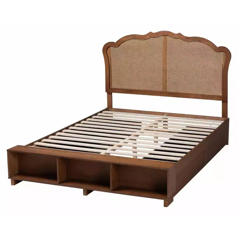 King Size Wood and Rattan Storage Bed - Walnut Brown