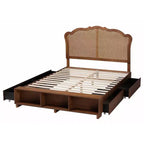 King Size Wood and Rattan Storage Bed - Walnut Brown