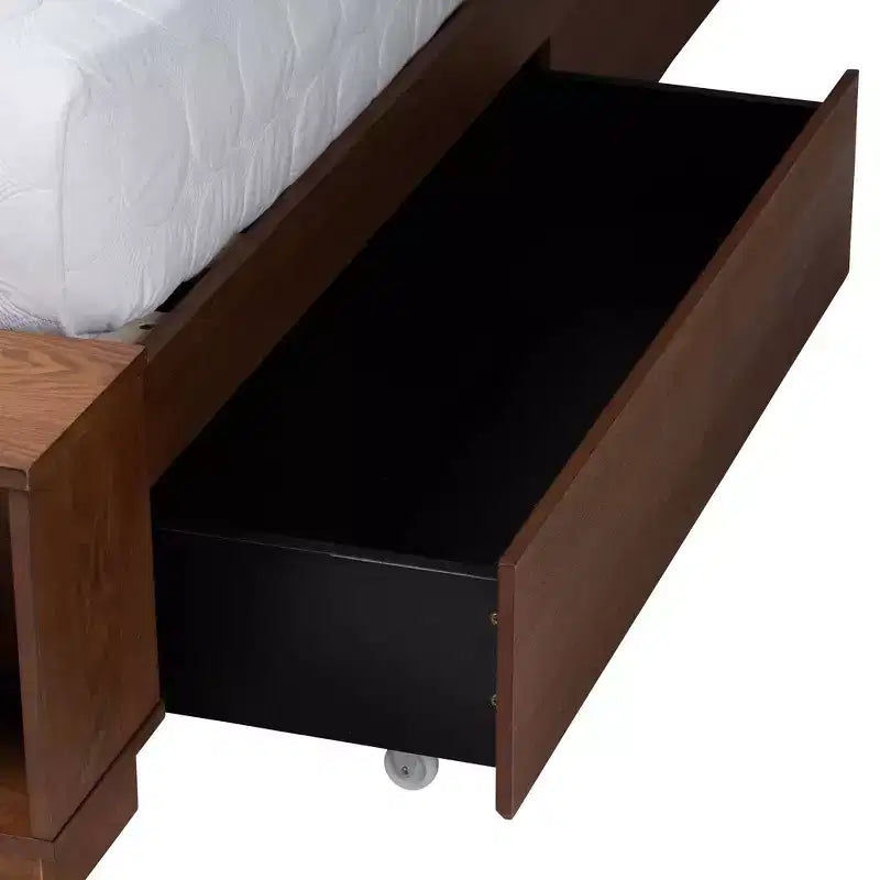 King Size Wood and Rattan Storage Bed - Walnut Brown