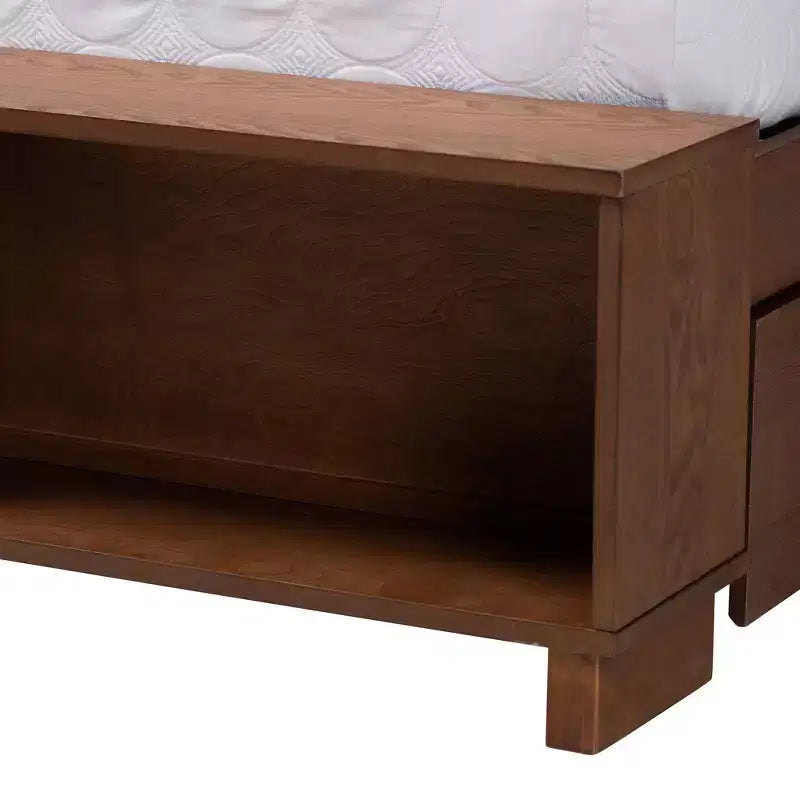 King Size Wood and Rattan Storage Bed - Walnut Brown