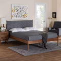 Queen Size Platform Bed with Woven Fabric Headboard – Gray/Walnut Brown