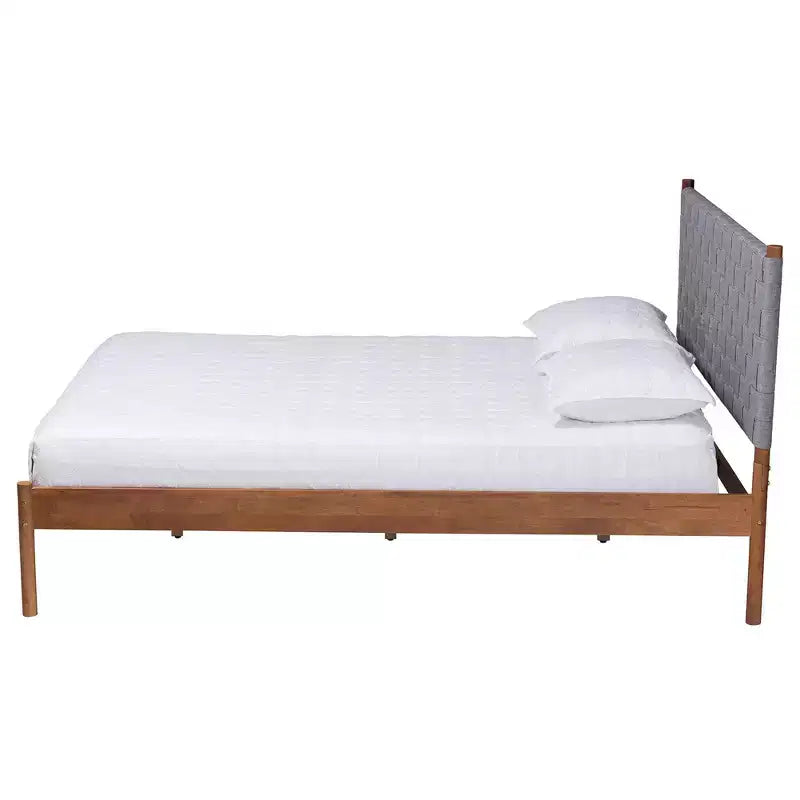 Queen Size Platform Bed with Woven Fabric Headboard – Gray/Walnut Brown