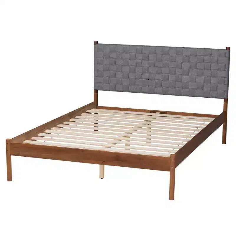 Queen Size Platform Bed with Woven Fabric Headboard – Gray/Walnut Brown