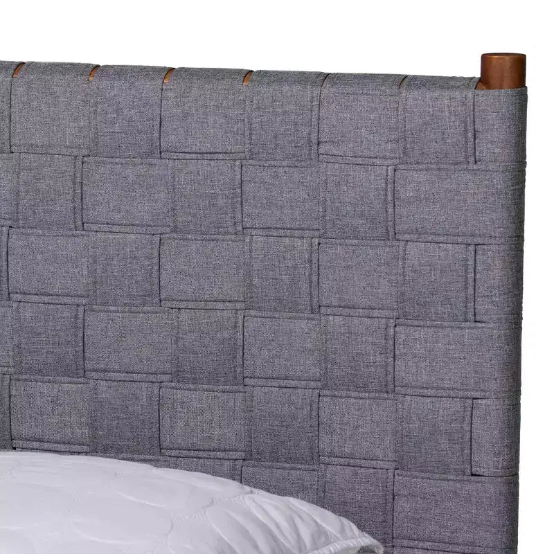 Queen Size Platform Bed with Woven Fabric Headboard – Gray/Walnut Brown