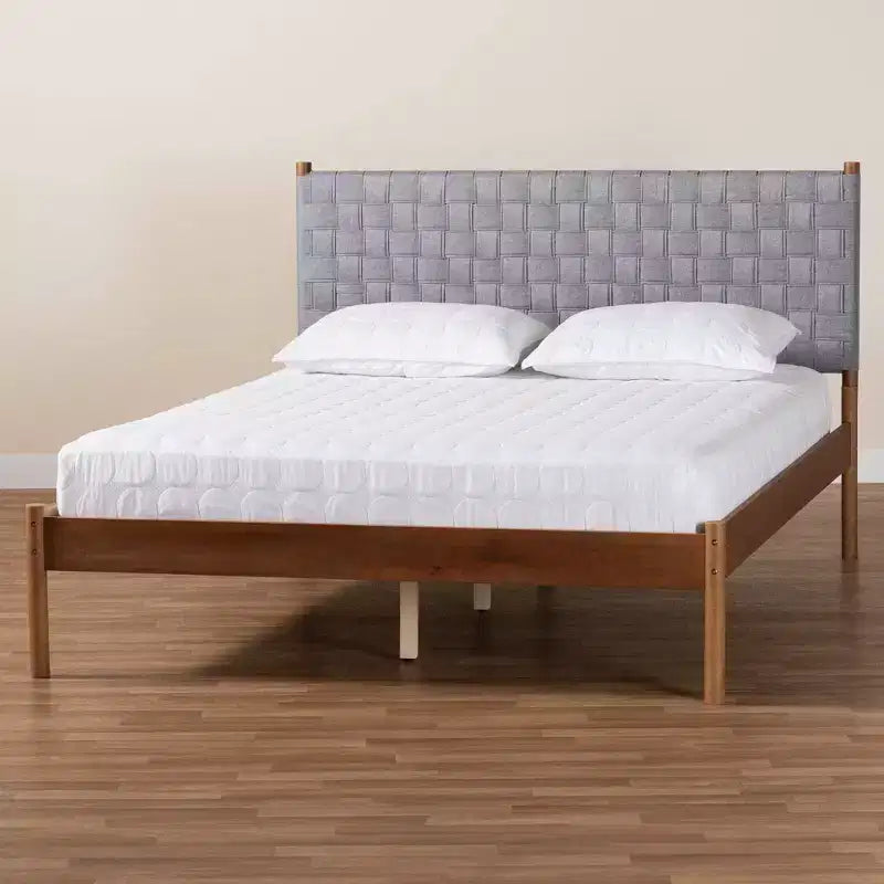 Queen Size Platform Bed with Woven Fabric Headboard – Gray/Walnut Brown