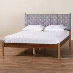 Queen Size Platform Bed with Woven Fabric Headboard – Gray/Walnut Brown