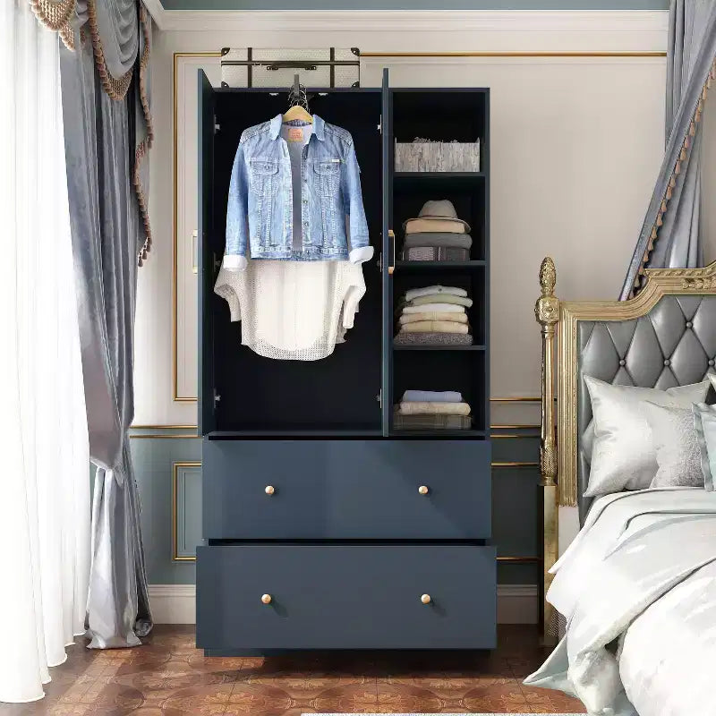 2-Door Armoire with Mirror, Hanging Rod and 2 Drawers
