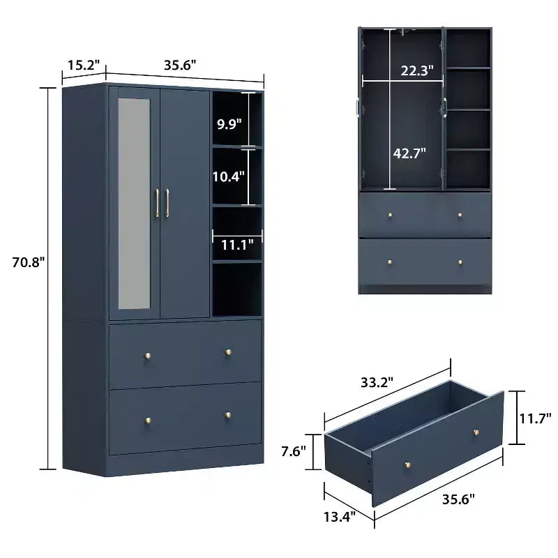 2-Door Armoire with Mirror, Hanging Rod and 2 Drawers