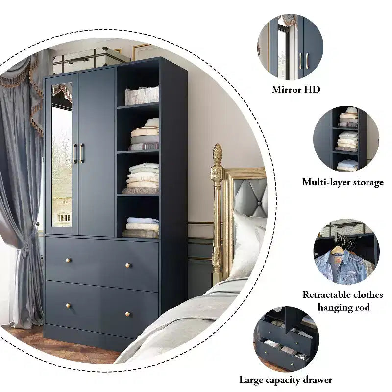 2-Door Armoire with Mirror, Hanging Rod and 2 Drawers