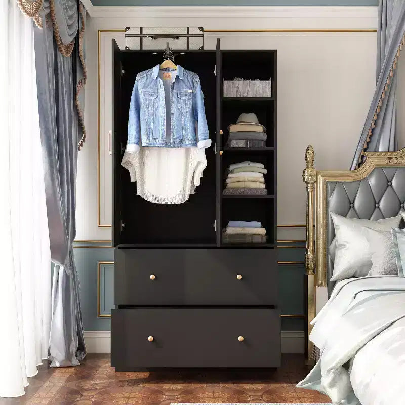 2-Door Armoire with Mirror, Hanging Rod and 2 Drawers