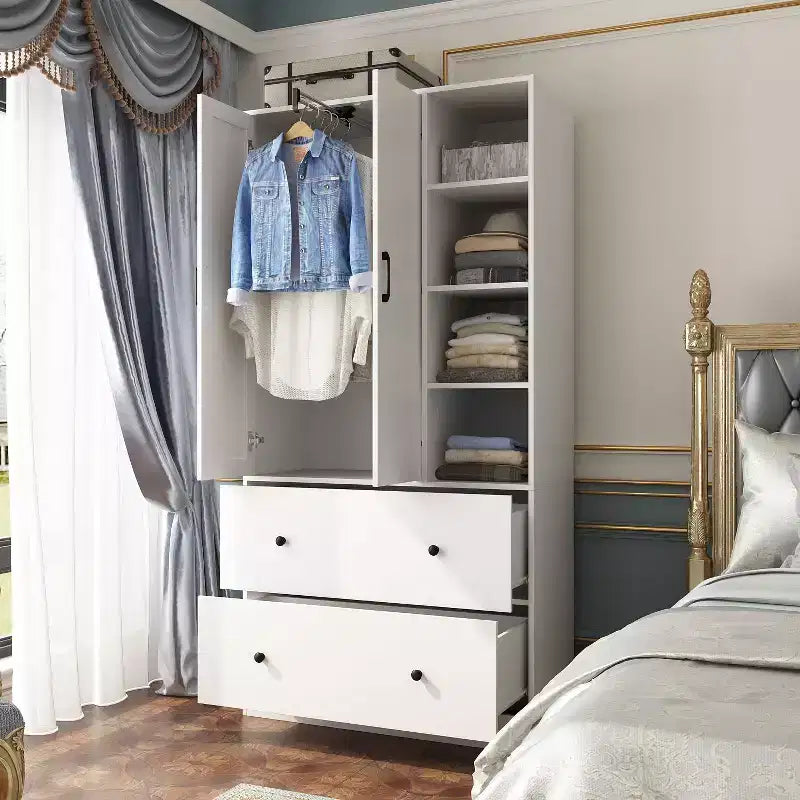2-Door Armoire with Mirror, Hanging Rod and 2 Drawers