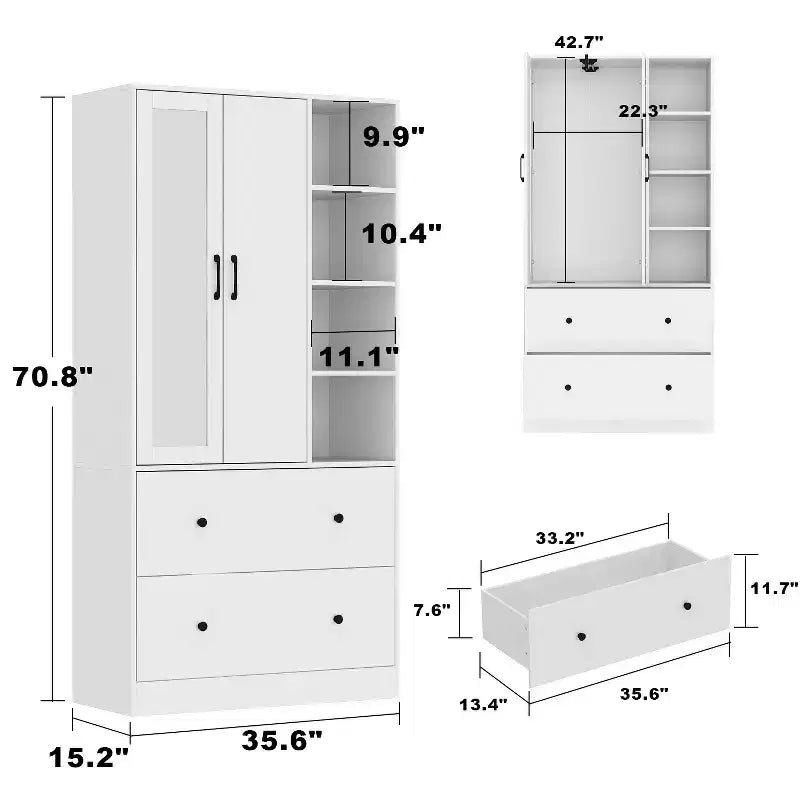 2-Door Armoire with Mirror, Hanging Rod and 2 Drawers