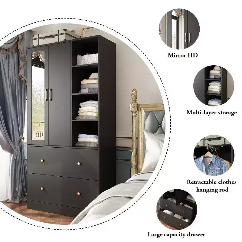 2-Door Armoire with Mirror, Hanging Rod and 2 Drawers