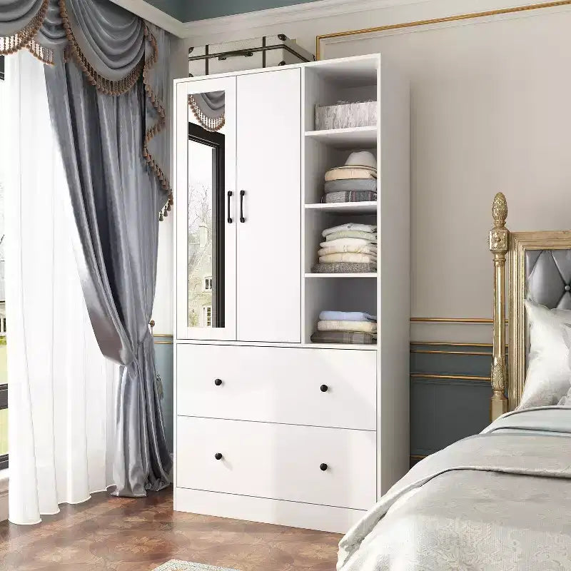 2-Door Armoire with Mirror, Hanging Rod and 2 Drawers