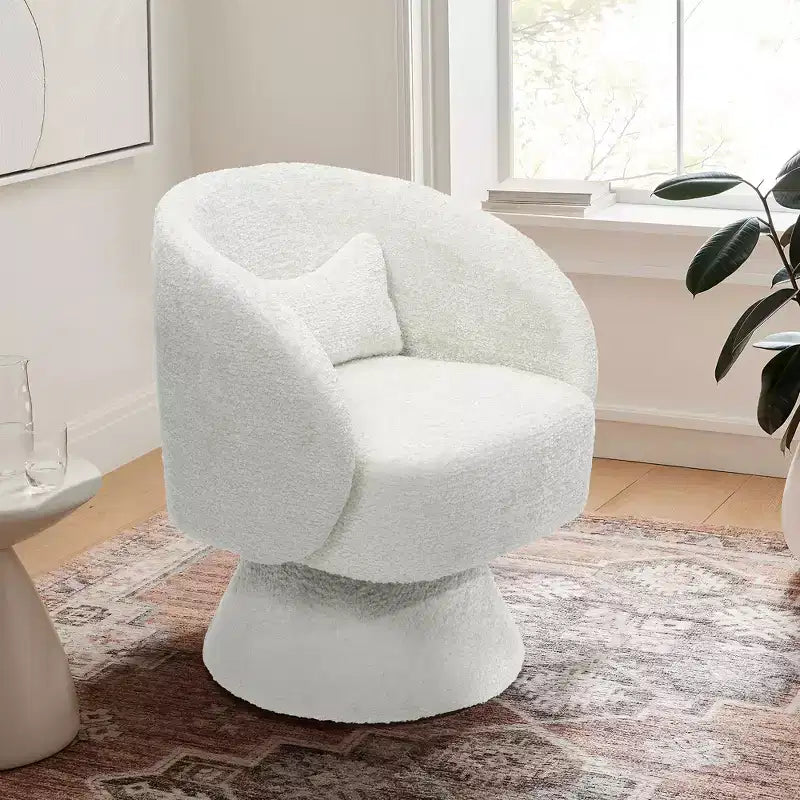 Upholstered Cream Club Swivel Chair with Wood Base