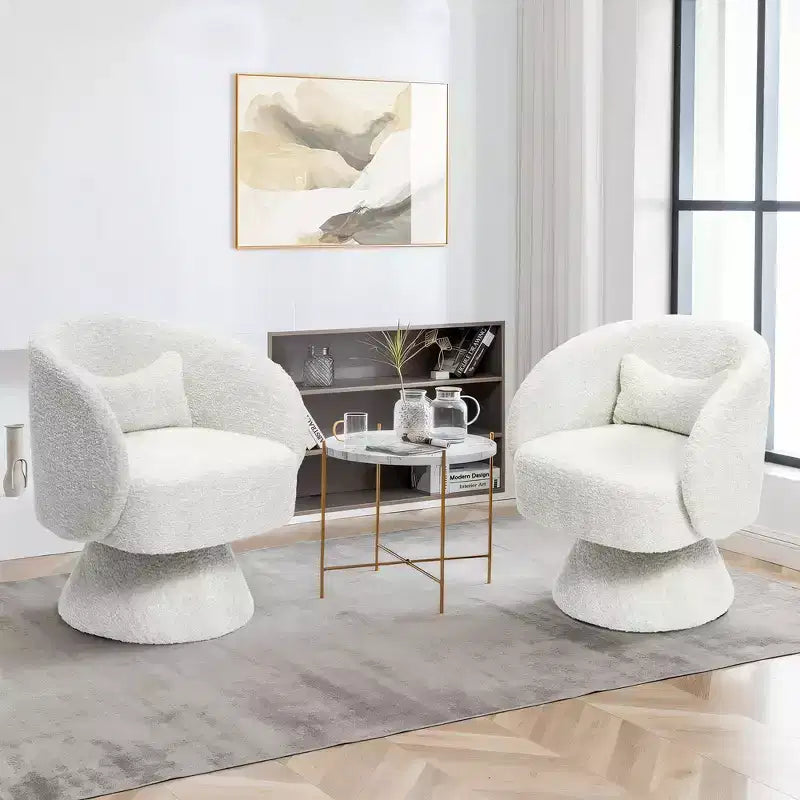 Upholstered Cream Club Swivel Chair with Wood Base