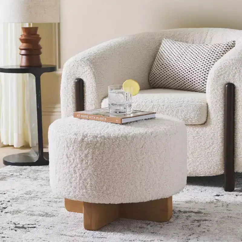 Faux Shearling Round Ottoman with Rubberwood Base