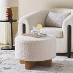 Faux Shearling Round Ottoman with Rubberwood Base