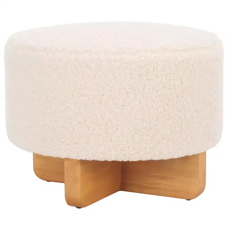 Faux Shearling Round Ottoman with Rubberwood Base