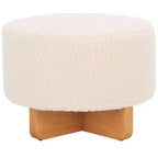 Faux Shearling Round Ottoman with Rubberwood Base