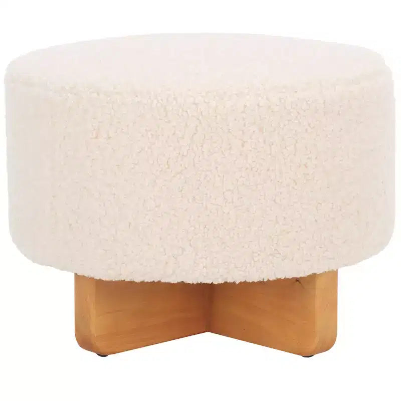 Faux Shearling Round Ottoman with Rubberwood Base