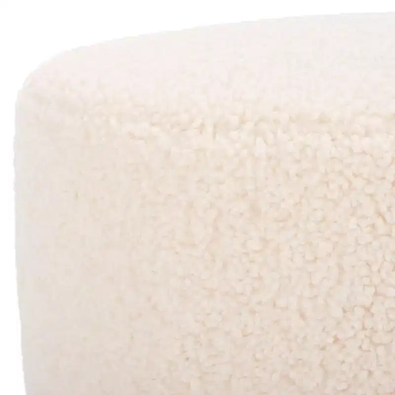 Faux Shearling Round Ottoman with Rubberwood Base