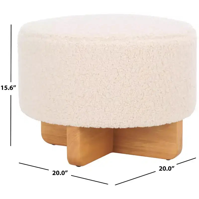 Faux Shearling Round Ottoman with Rubberwood Base
