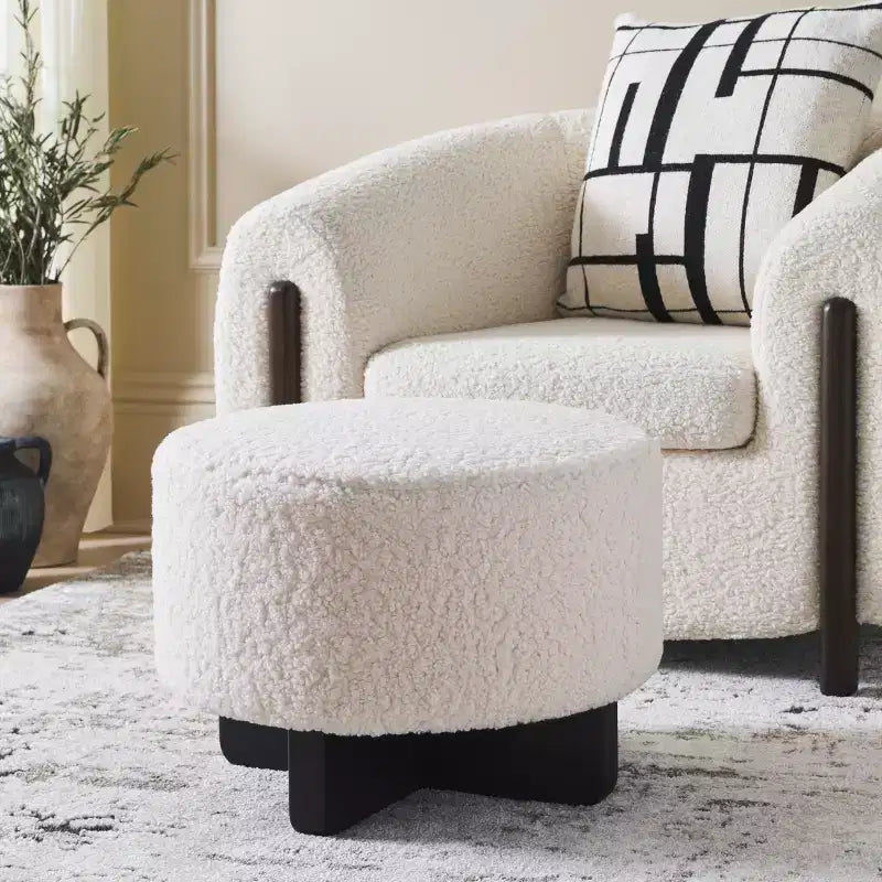 Faux Shearling Round Ottoman with Rubberwood Base