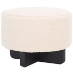 Faux Shearling Round Ottoman with Rubberwood Base
