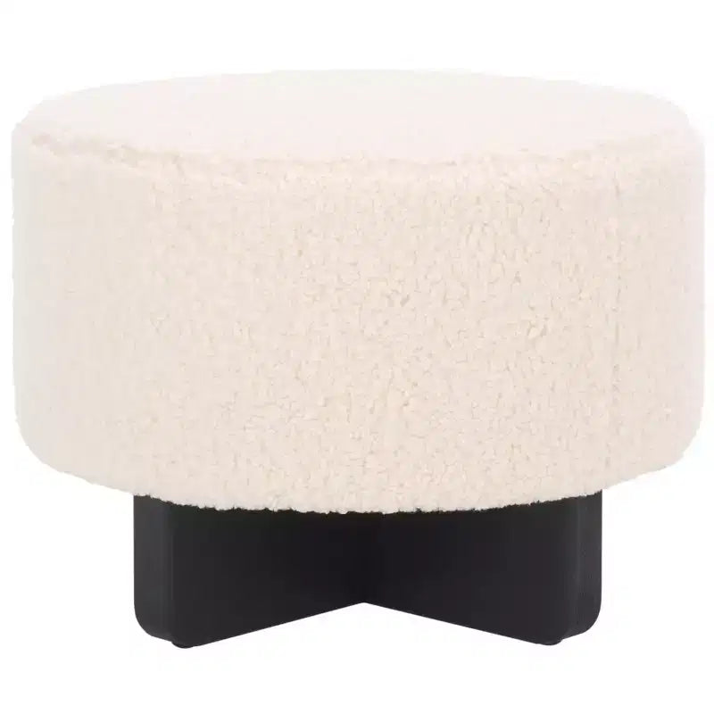 Faux Shearling Round Ottoman with Rubberwood Base