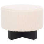 Faux Shearling Round Ottoman with Rubberwood Base