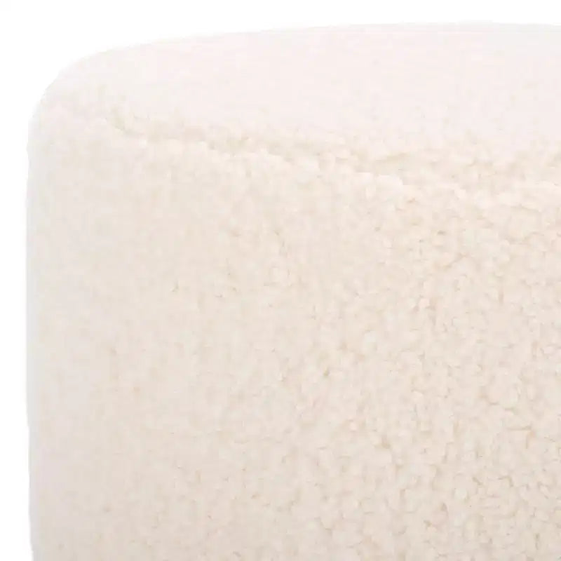 Faux Shearling Round Ottoman with Rubberwood Base