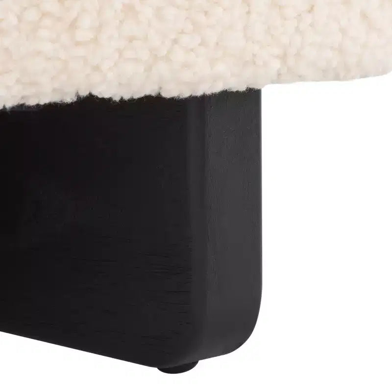 Faux Shearling Round Ottoman with Rubberwood Base