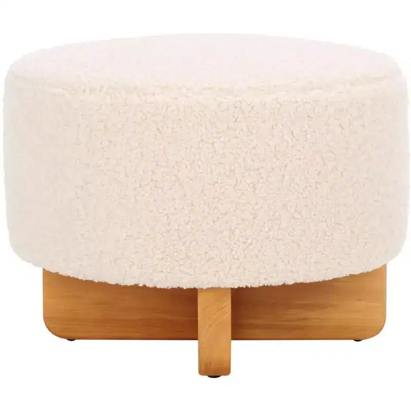 Faux Shearling Round Ottoman with Rubberwood Base