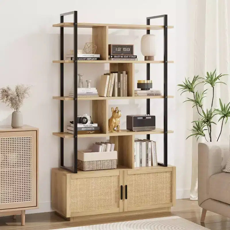 5-Tier Bookshelf with Storage Cabinet and Door, 71.1 Inch Tall, Metal Frame