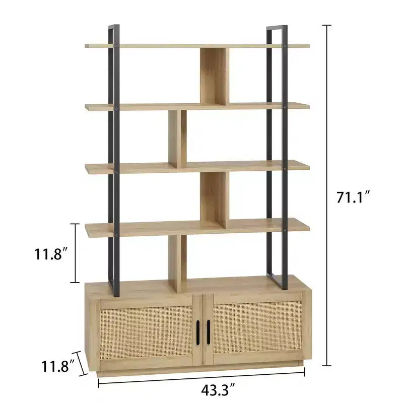 5-Tier Bookshelf with Storage Cabinet and Door, 71.1 Inch Tall, Metal Frame