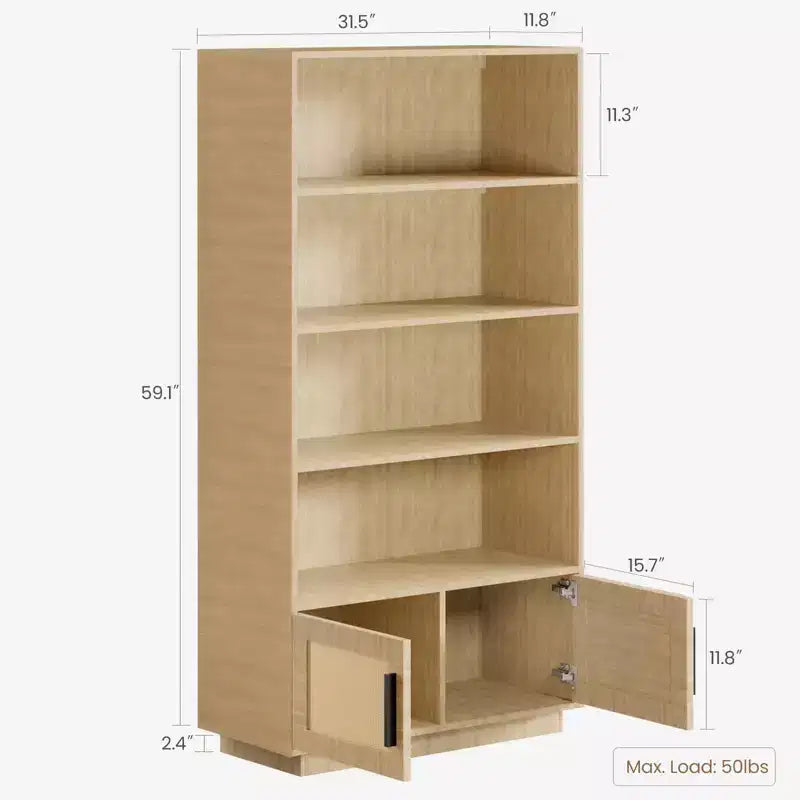 5-Tier Bookshelf with Storage Cabinet and Door, 71.1 Inch Tall, Metal Frame
