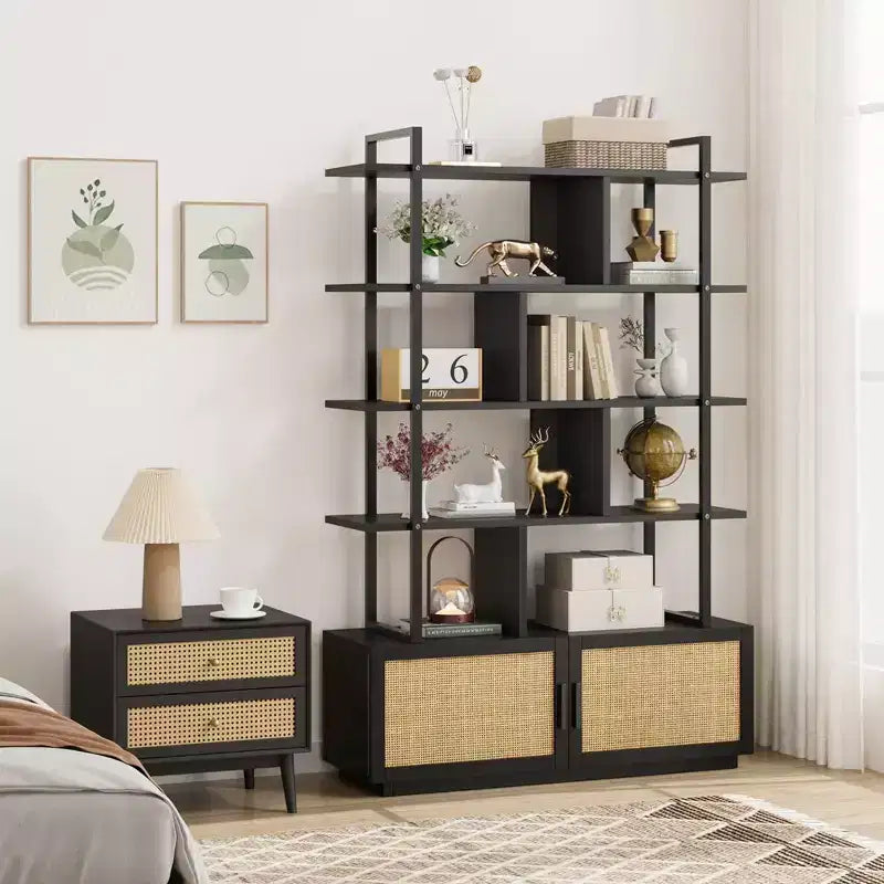 5-Tier Bookshelf with Storage Cabinet and Door, 71.1 Inch Tall, Metal Frame